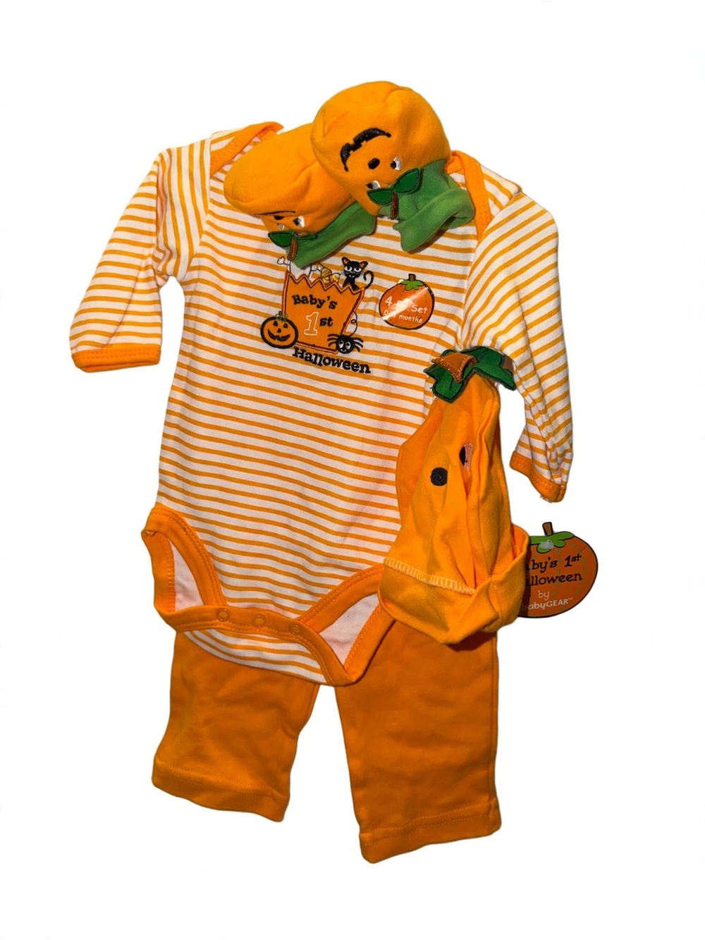 BabyGEAR 0-3M Baby's 1st Halloween 4pc Bodysuit Pants Hat Booties NWT
